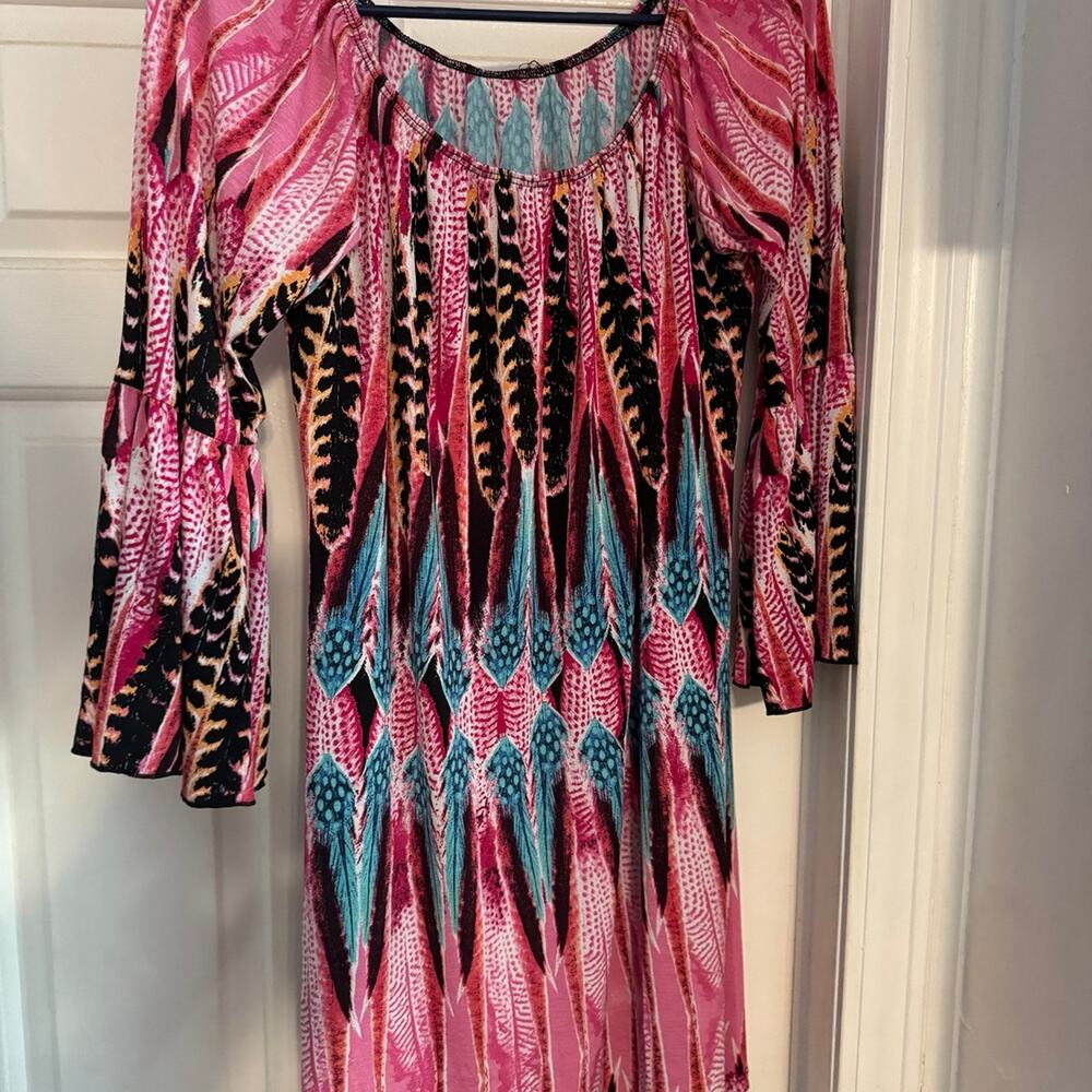 Womens small pink turquoise above the knee bell sleeve dress.